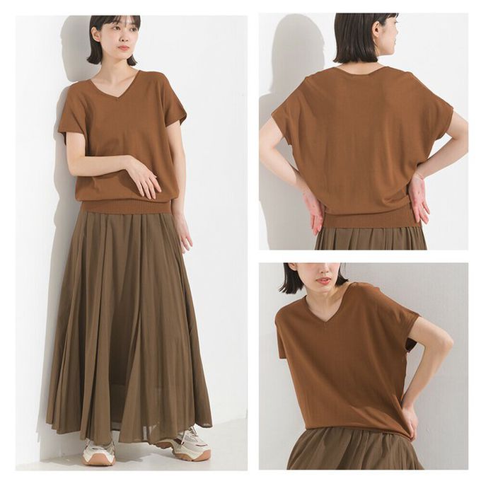 日本 OMNES - 接觸冷感 優雅小V領短袖上衣-棕色系條紋