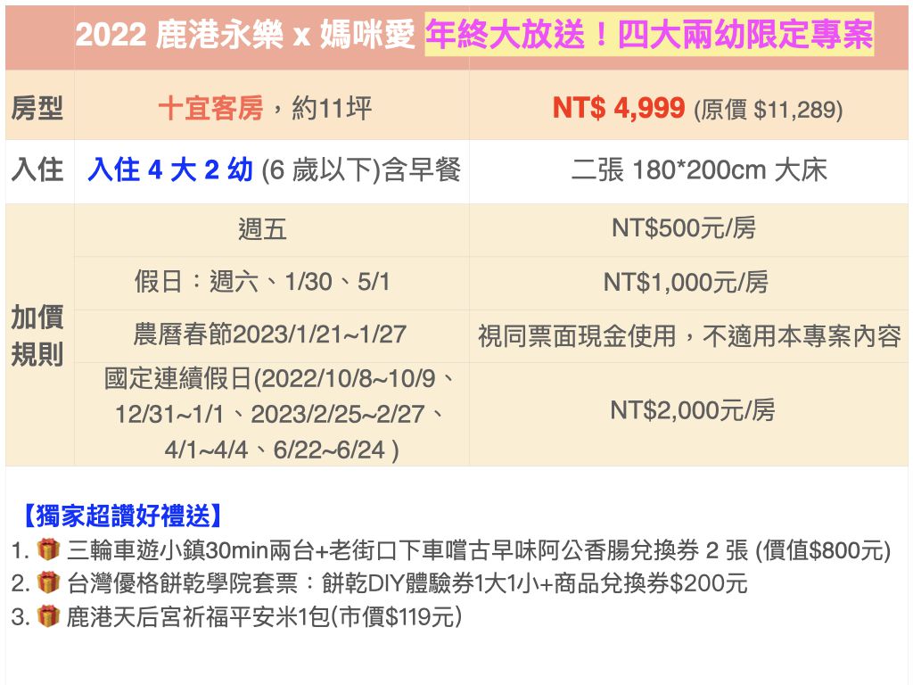 鹿港永樂酒店 - 「現金券」四大二小限定專案-平日十宜客房住宿券（優惠效期至2023/6/30）