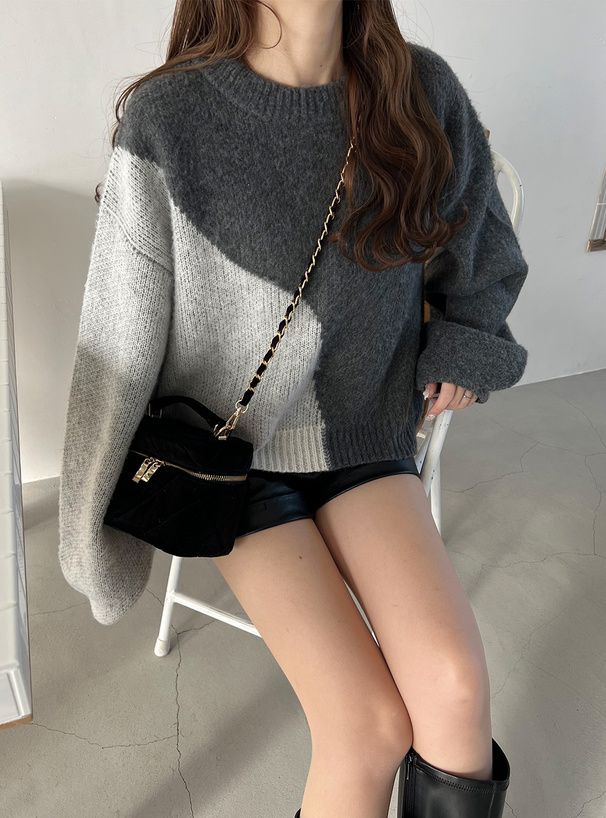 日本 GRL - 圓領不規則撞色落肩毛衣-深灰 (F)