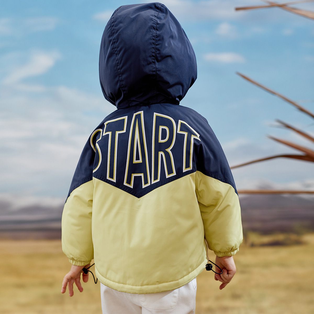 加厚連帽拼色羽絨外套-橘+綠