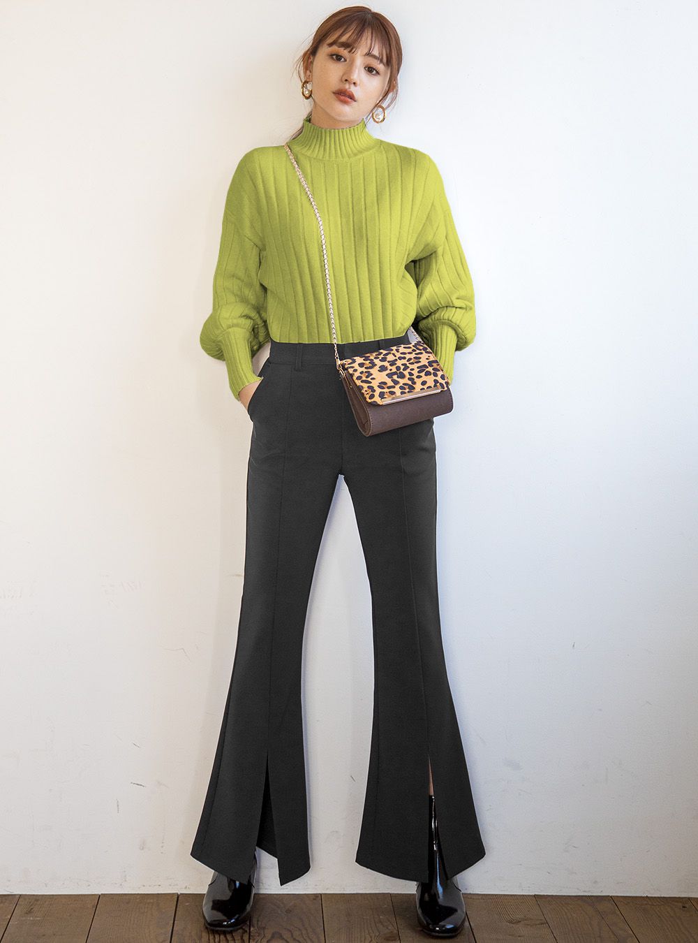 日本 GRL - 坑條紋澎袖小高領針織毛衣-灰粉