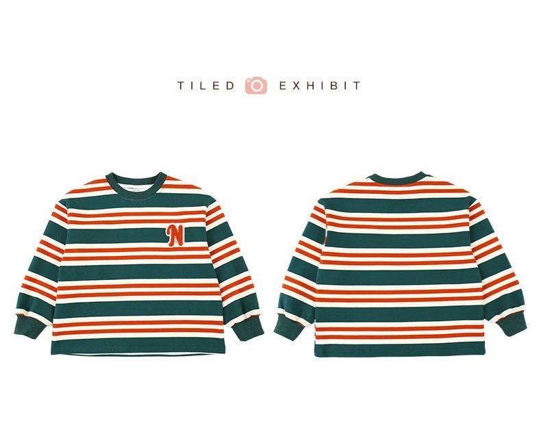 拼色條紋圓領長袖上衣-英文字母N-紅+米白+綠