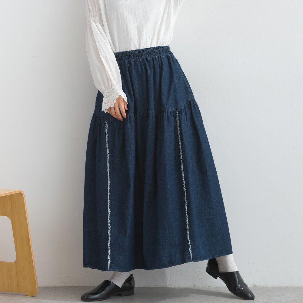 厚磅立體感線條澎澎長裙(附口袋)-海軍藍丹寧