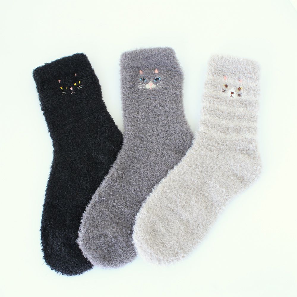 日本 TOMO - 可愛動物刺繡毛絨保暖襪-比熊犬-灰 (22-25cm)