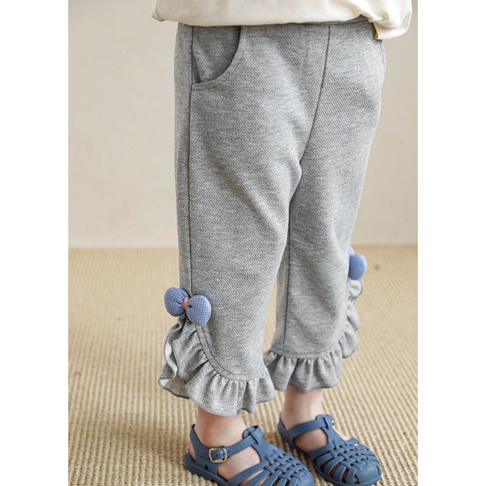 甜心女孩荷葉邊九分褲-蝴蝶結-灰色