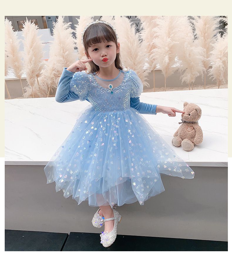 (不含披風)亮片不規則裙襬洋裝-冰雪藍