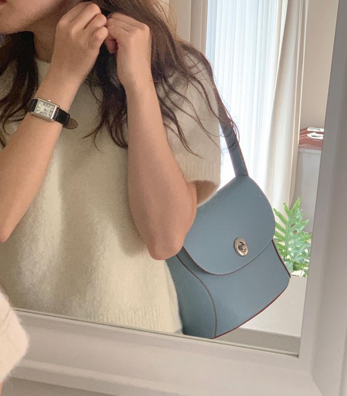 韓國lemego - 牛皮復古金釦肩背包(Mone)-藍色