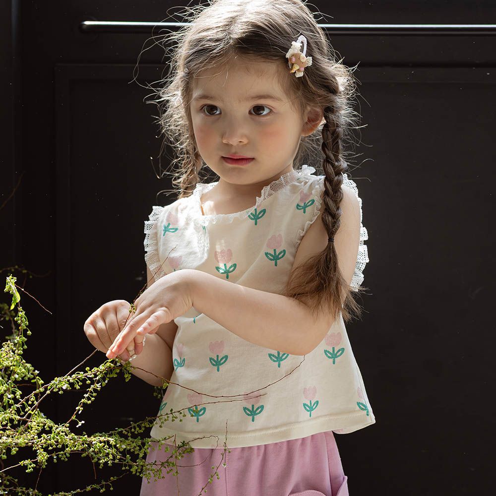 手繪鬱金香蕾絲邊背心上衣-米