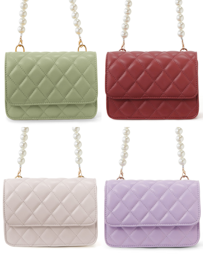 日本 GRL - 菱格紋珍珠鏈小方側背包-白