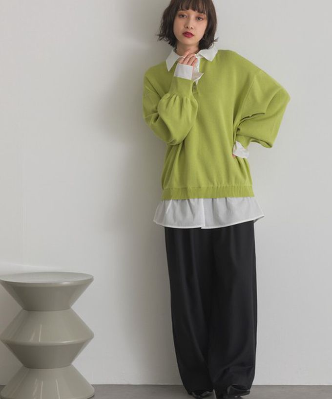 日本 ELENCARE DUE - 假二件襯衫領輕盈落肩長袖上衣-紫白條紋