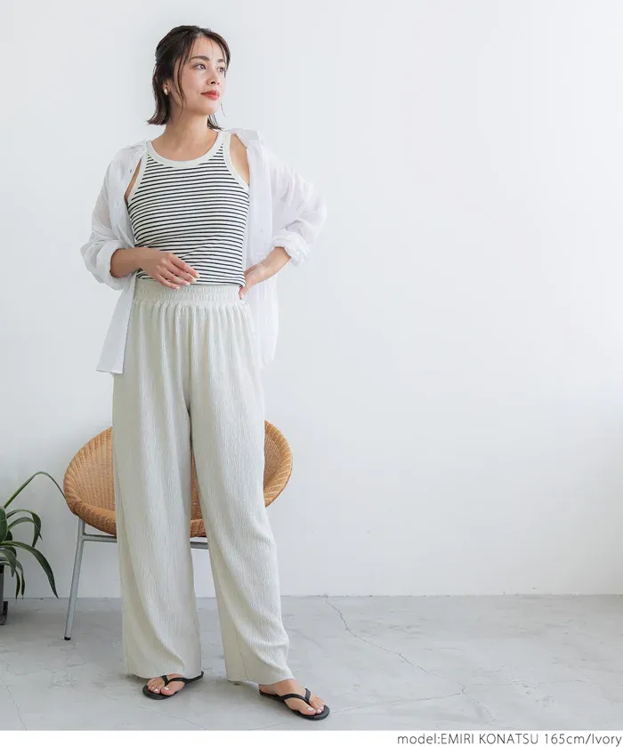 日本 COCA - [可剪裁] 楊柳細褶百搭長褲-淺藍