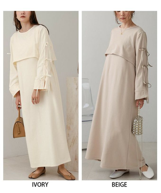 日本 Bab - 袖蝴蝶結層次感喇叭袖洋裝-淺棕 (M)