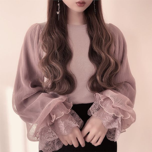 日本 GRL - 甜美薄紗拼接長袖上衣-煙燻粉 (F)