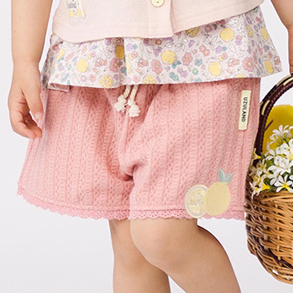 日本 ZOOLAND - 甜美裝飾綁帶緹花短褲-檸檬刺繡-粉紅