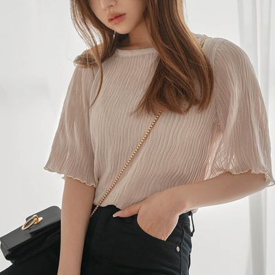 日本 GRL - 輕盈波浪透膚短袖上衣(附內裡)-淺粉 (F)