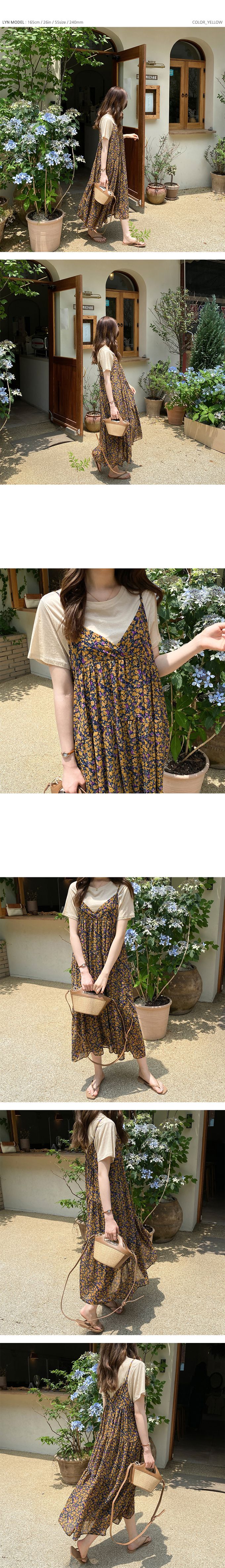 韓國女裝代購 - 復古花漾細肩帶連身洋裝-黃紫 (FREE)