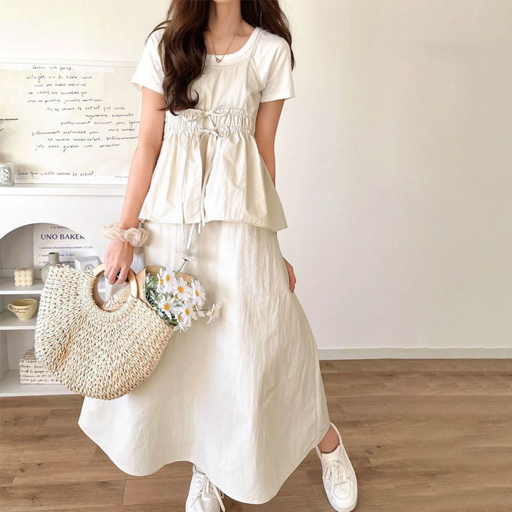 假二件可愛皺摺荷葉吊帶洋裝-米白