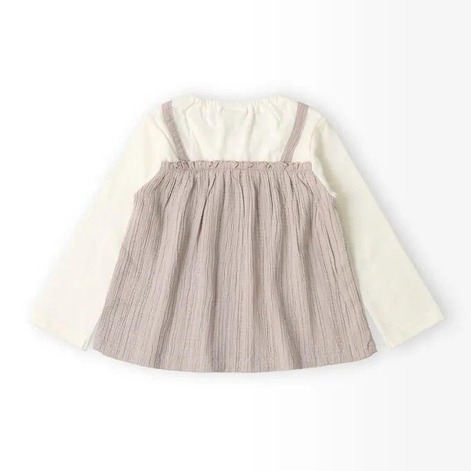 日本 ZOOLAND - 假二件典雅緹花長袖上衣-櫻桃刺繡-炭灰