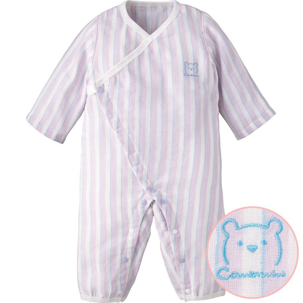 日本 Combi - mini系列-純棉紗長袖兔裝-條紋粉