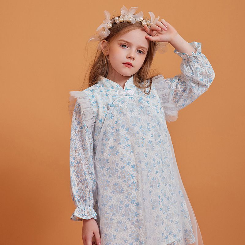 復古碎花長袖連身裙-碎花款-藍色