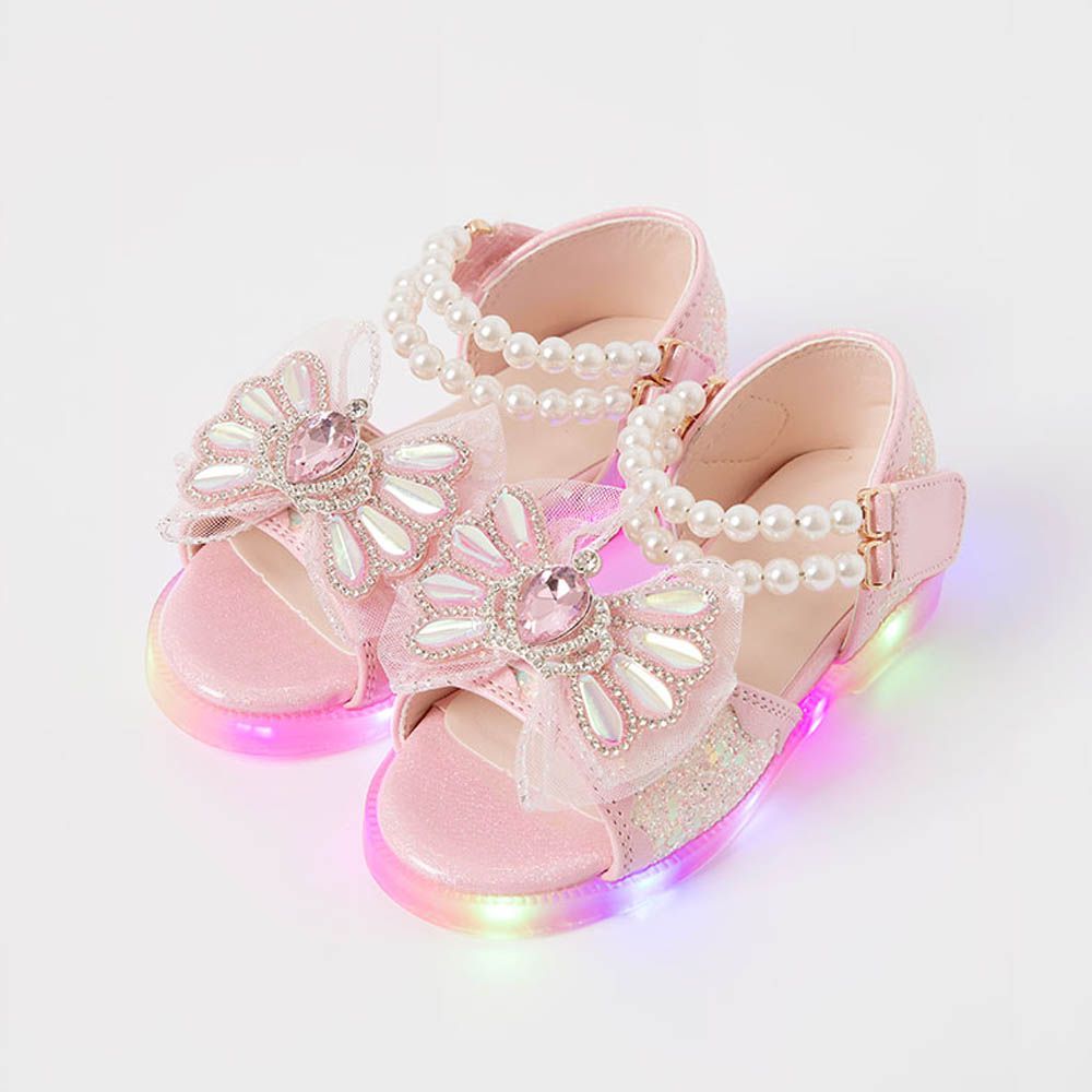 (LED)耀眼鑽石皇冠珍珠公主涼鞋-粉