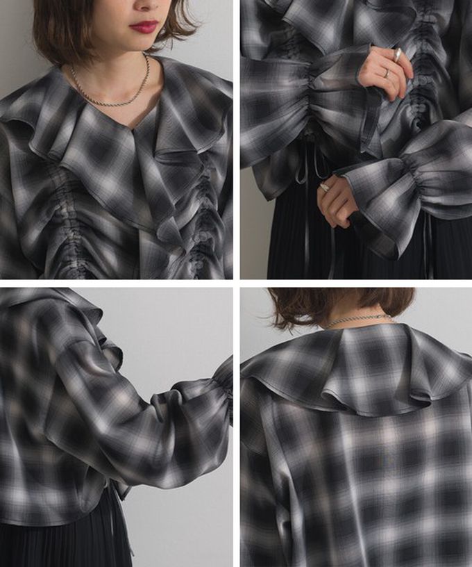 日本 ELENCARE DUE - 飄逸荷葉領浪漫抽繩長袖上衣-米棕系