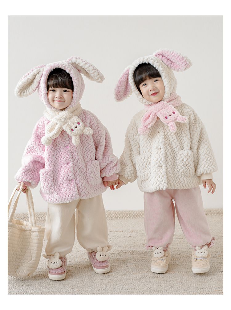 TONGMO - 立體造型毛絨保暖連帽外套-兔耳朵-粉色