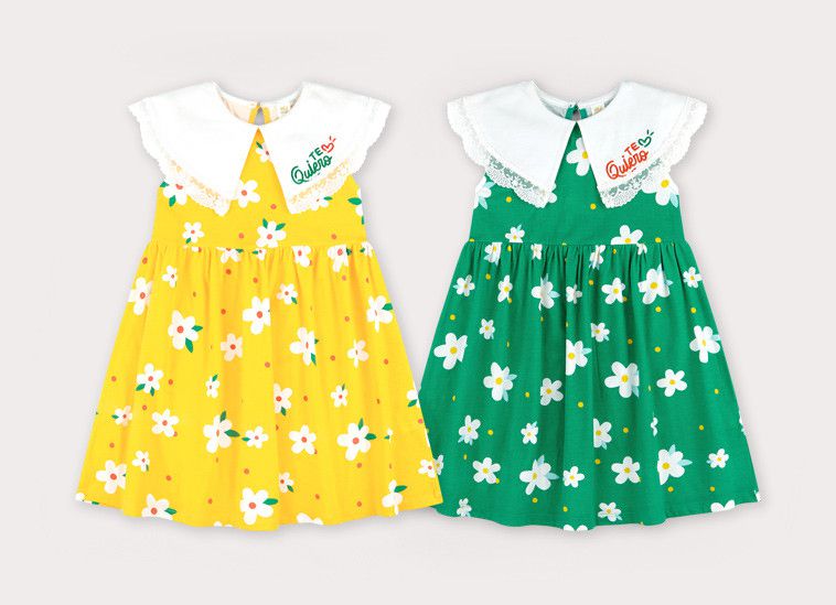 韓國 HEJMINI - 拼接蕾絲白花翻領背心洋裝-黃