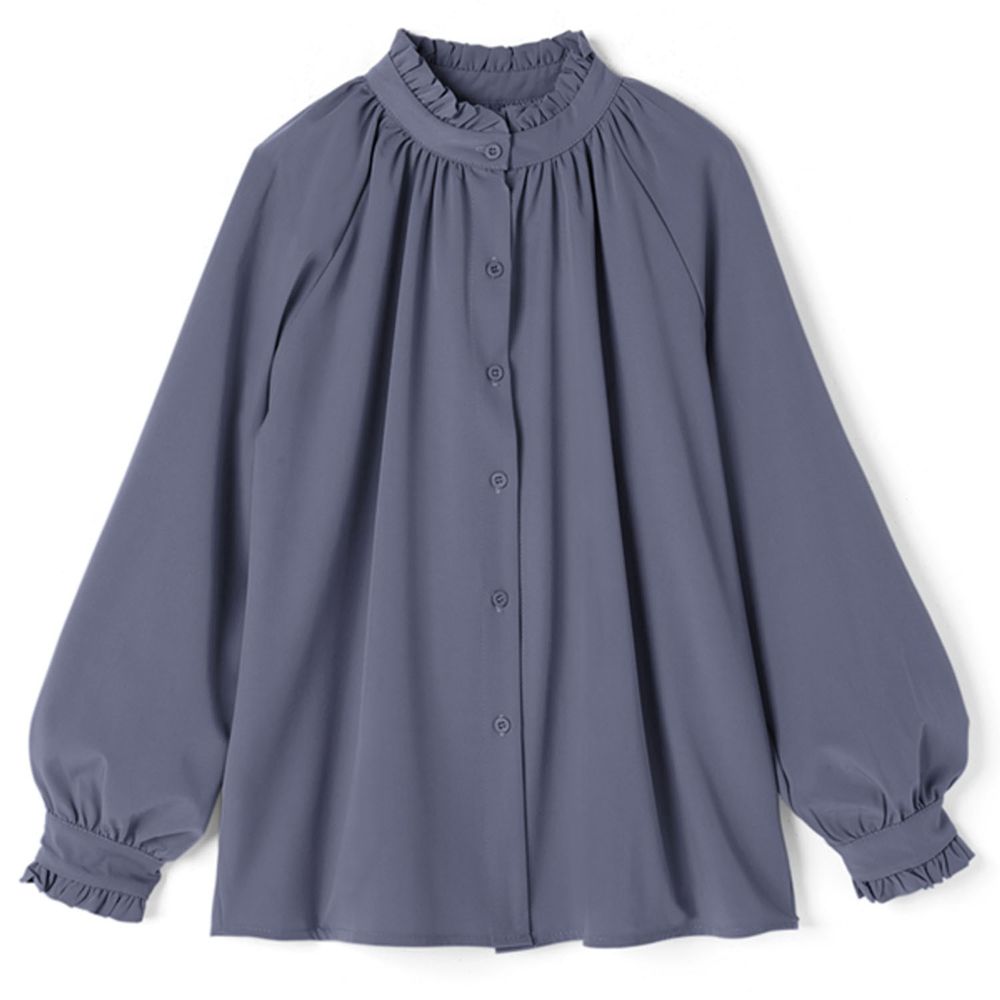 日本 GRL - 荷葉立領雪紡長袖襯衫-深藍