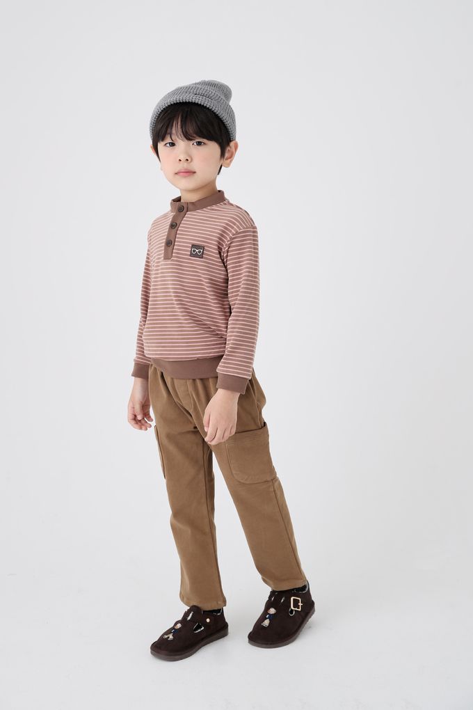 韓國 Coco Bang - 鈕扣細條紋長袖上衣-酒紅