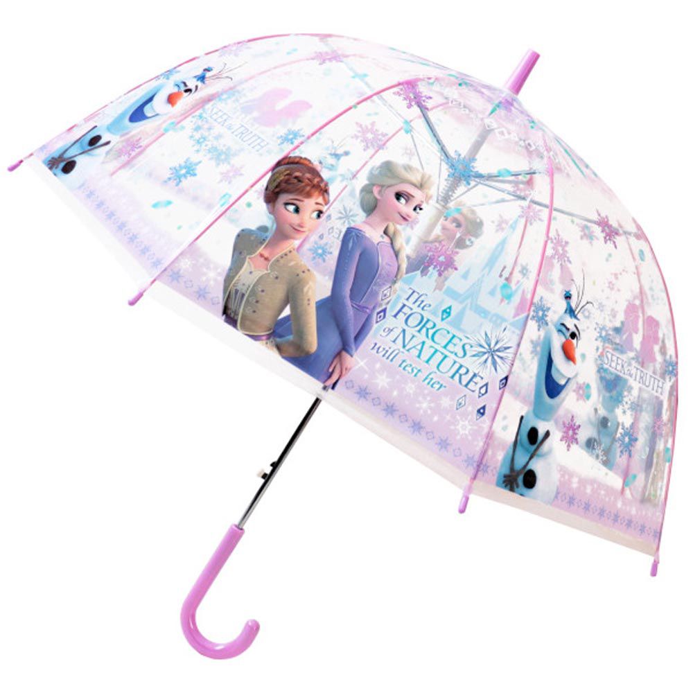 日本 J'S PLANNING - 小孩最愛印花透明直傘-冰雪奇緣-粉紫 (55cm)