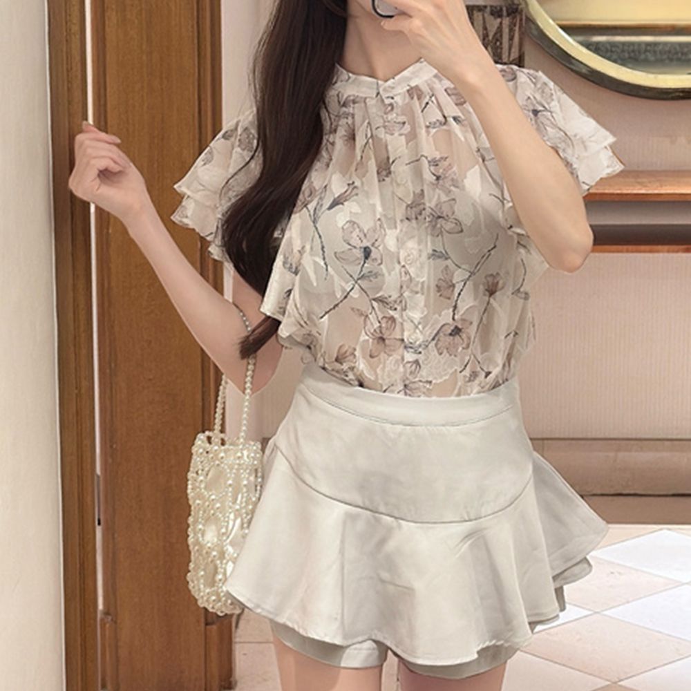 浪漫花卉薄紗感荷葉短袖襯衫-粉系 (F)