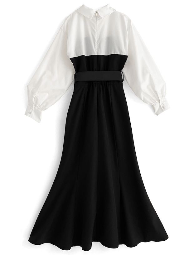 日本 GRL - 桃心領拼接魚尾洋裝(附腰帶)-黑白