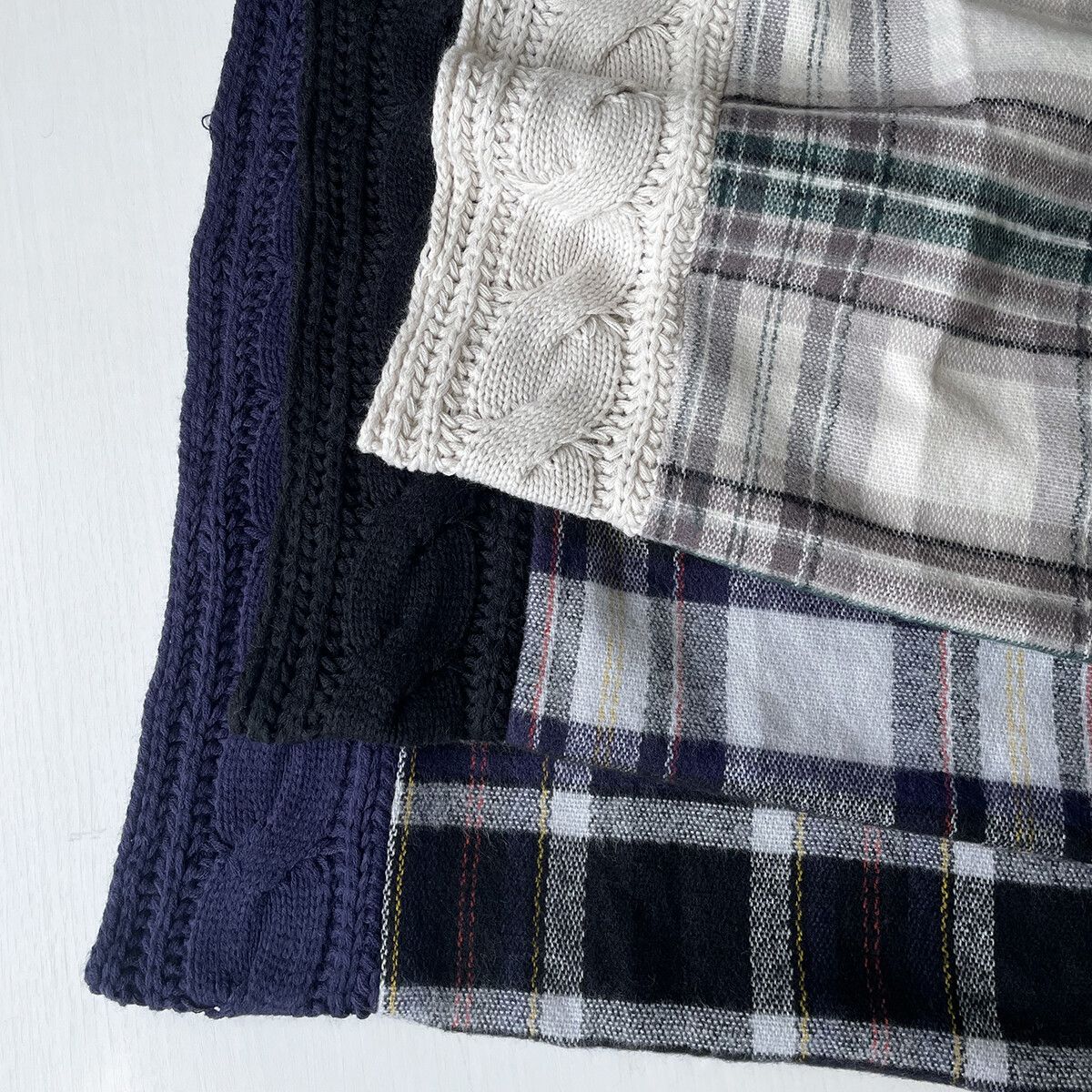 日本 jou jou lier - 格紋X針織拼接圍巾-85 深藍紅 (53x170cm)