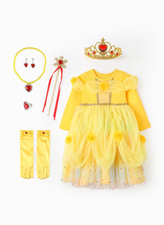 韓國 OZKIZ - (附配飾)花朵層次裝飾公主網紗洋裝-黃