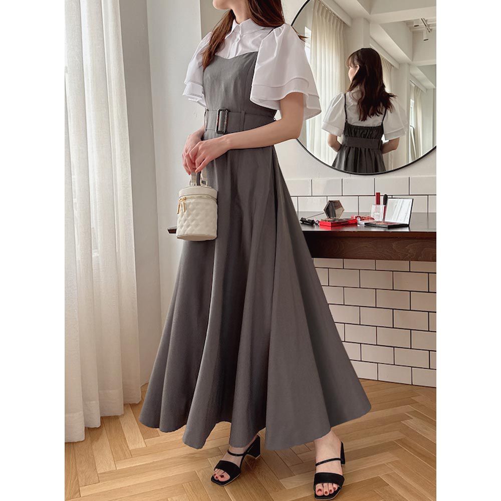 日本 GRL - 優雅修身寬腰帶吊帶裙/洋裝-石英灰