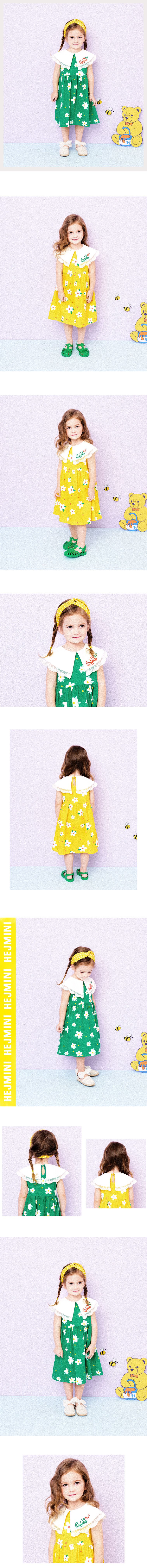 韓國 HEJMINI - 拼接蕾絲白花翻領背心洋裝-黃