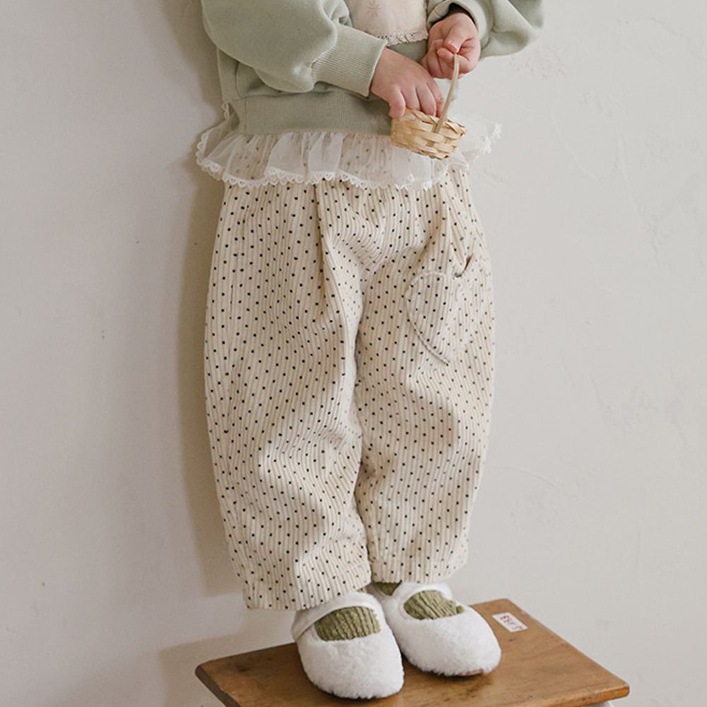 Puellaflo 鬆緊腰愛心口袋燈芯絨長褲-點點-米