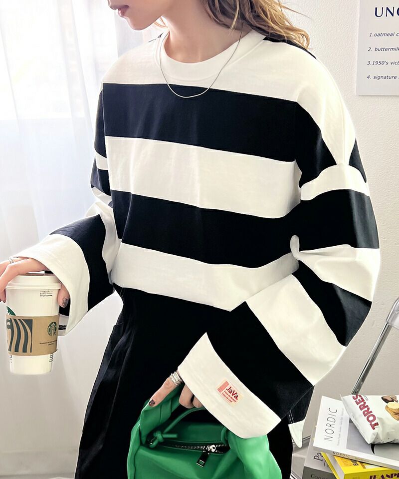 日本 Classical Elf - 美式休閒落肩長袖上衣-寬版條紋-米杏x棕