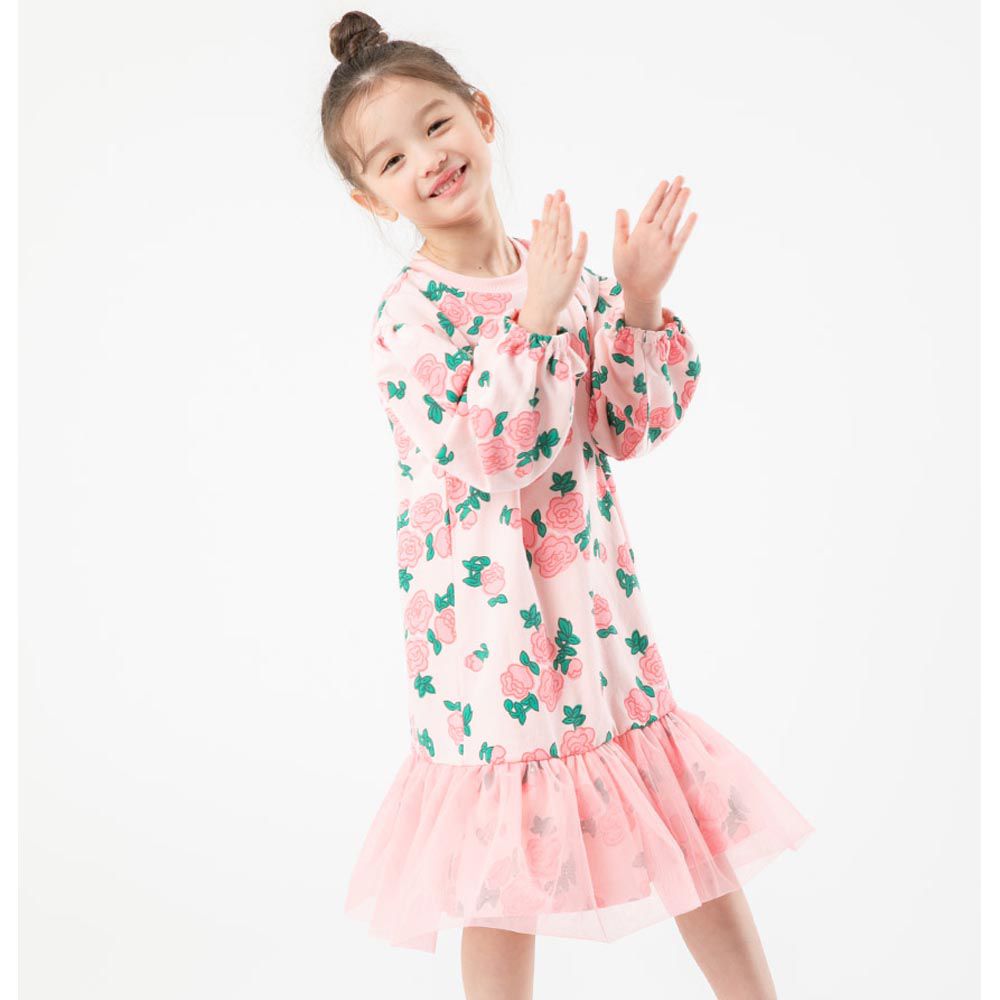 韓國 OZKIZ - 優雅玫瑰花網紗裙擺裝飾洋裝-粉紅
