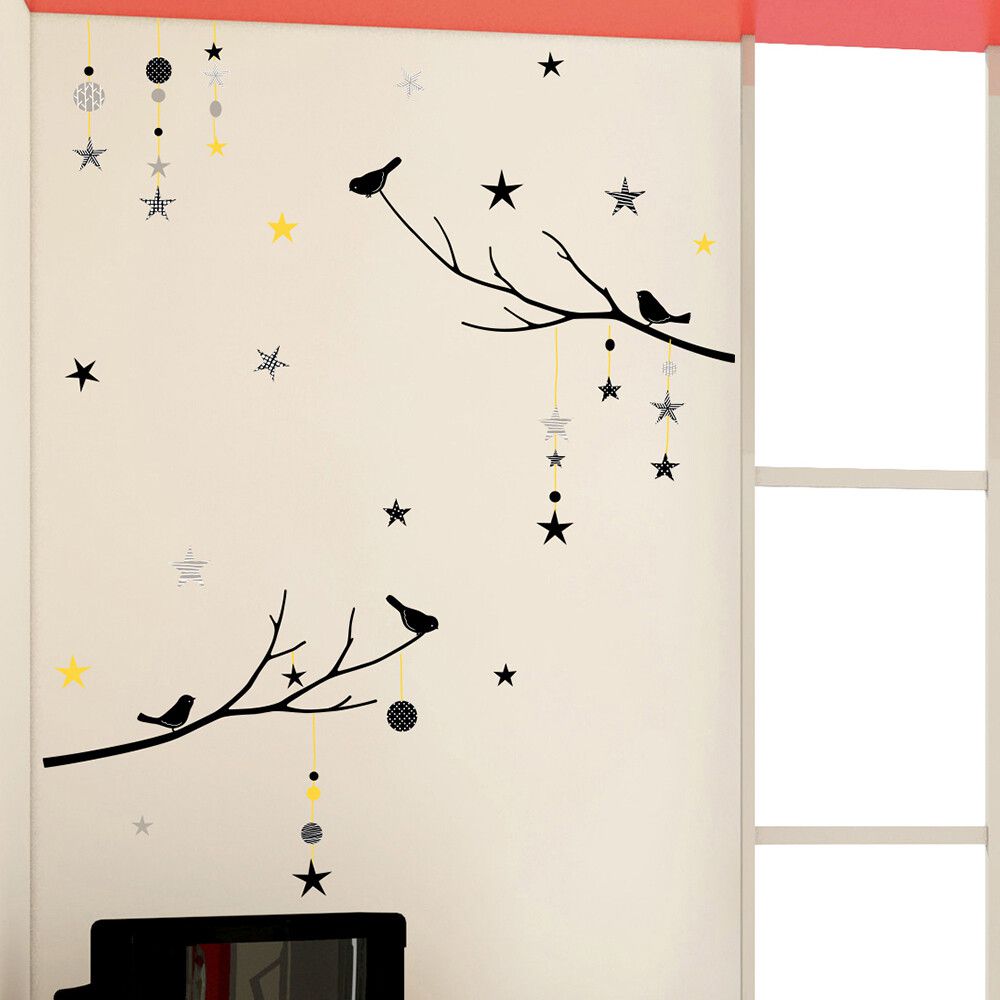 日本 TOKYO STICKER - 日本製 質感無邊框壁貼 [精緻轉印款]-樹梢星星與鳥-黃 (100*32cm)
