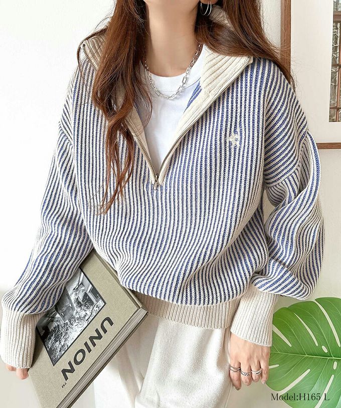 日本 Classical Elf - 半拉鍊線條感 logo刺繡配色針織衫-紅x藍