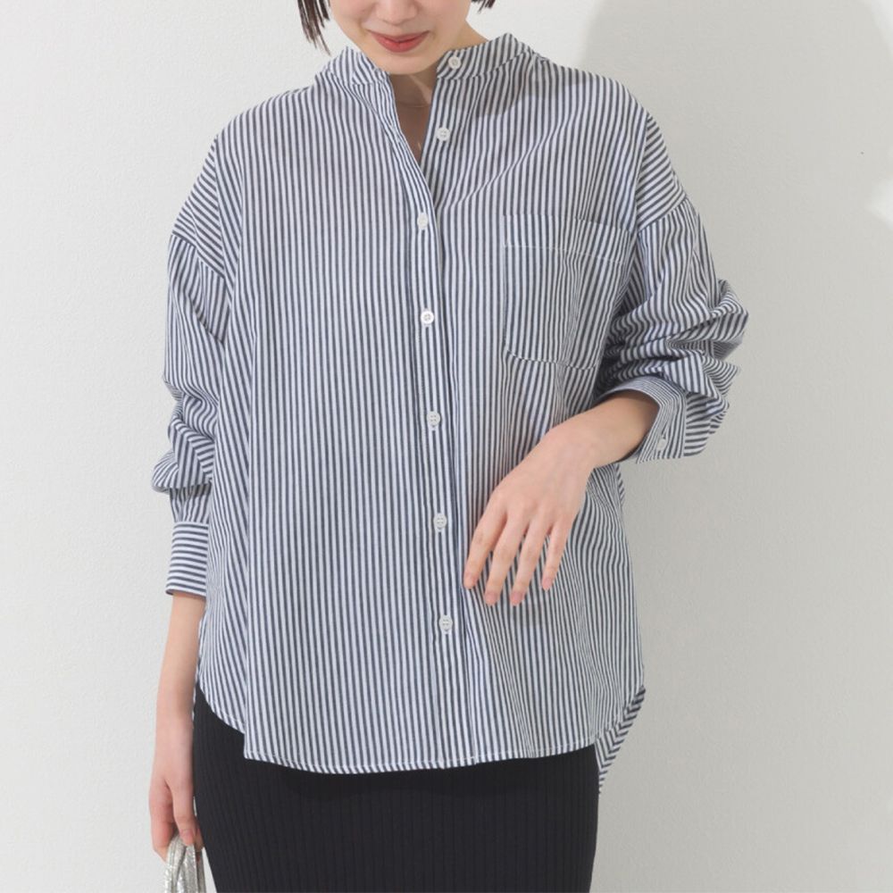 純棉 俐落條紋寬鬆感立領襯衫-黑