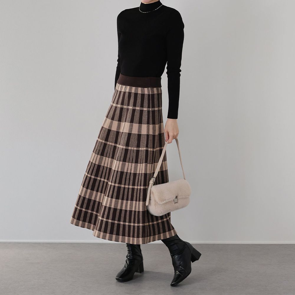氣質女伶全腰鬆緊皺摺長裙-格紋-咖啡 (M)