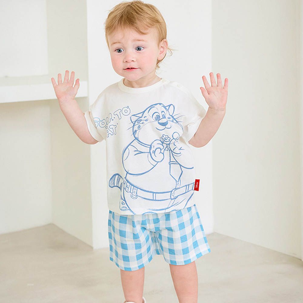 (聯名款)手繪風純棉格紋短袖套裝-卡通人物洪金豹-天藍