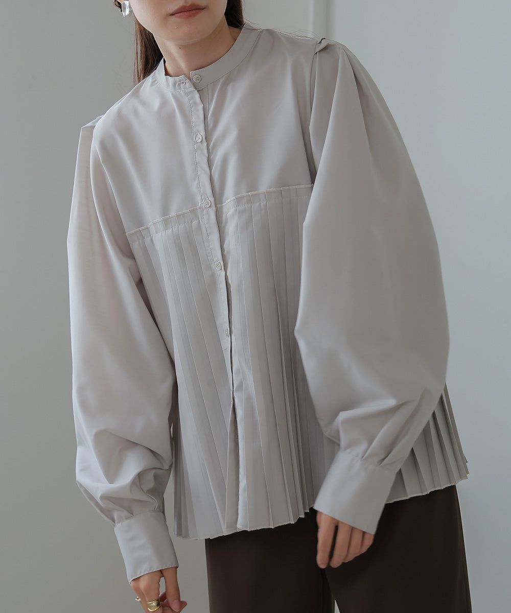 日本 Bab - 歐風百褶拼接泡泡袖襯衫-灰棕
