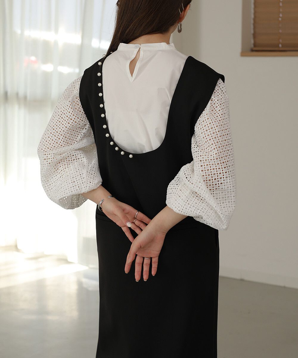 日本 Bab - 棉質立領雕花泡泡袖上衣-氣質米