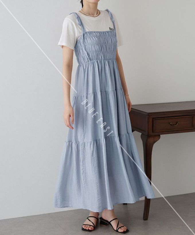 日本 BLUE EAST - 清爽透膚感皺摺綁帶分層洋裝-灰