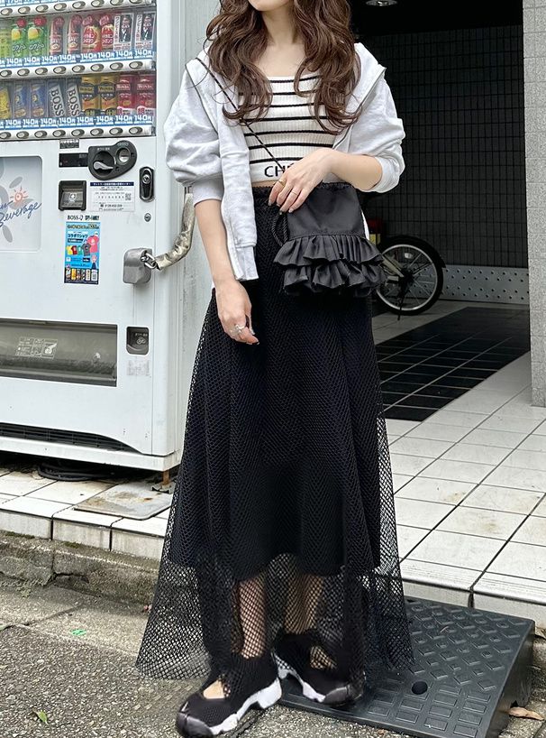 日本 GRL - 酷甜網紗拼接飄逸長裙-米杏 (F)