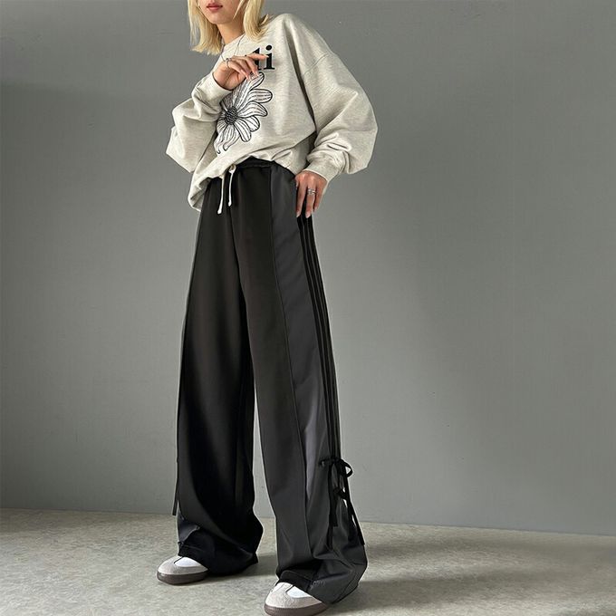 日本 Classical Elf - mily bilet 撞色拼接側綁帶寬褲-米杏